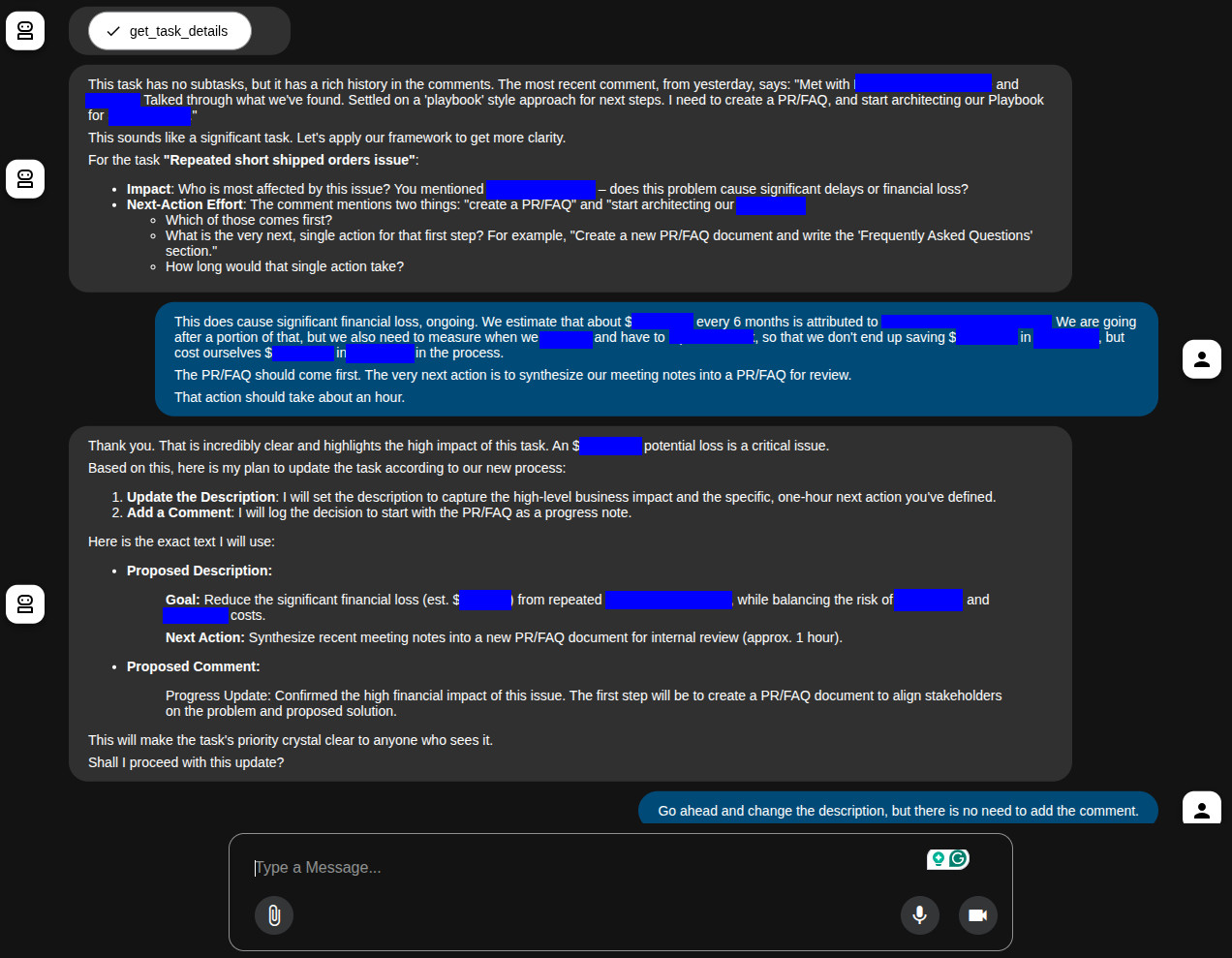 The agent analyzing a task, asking clarifying questions, and proposing a new description and comment
