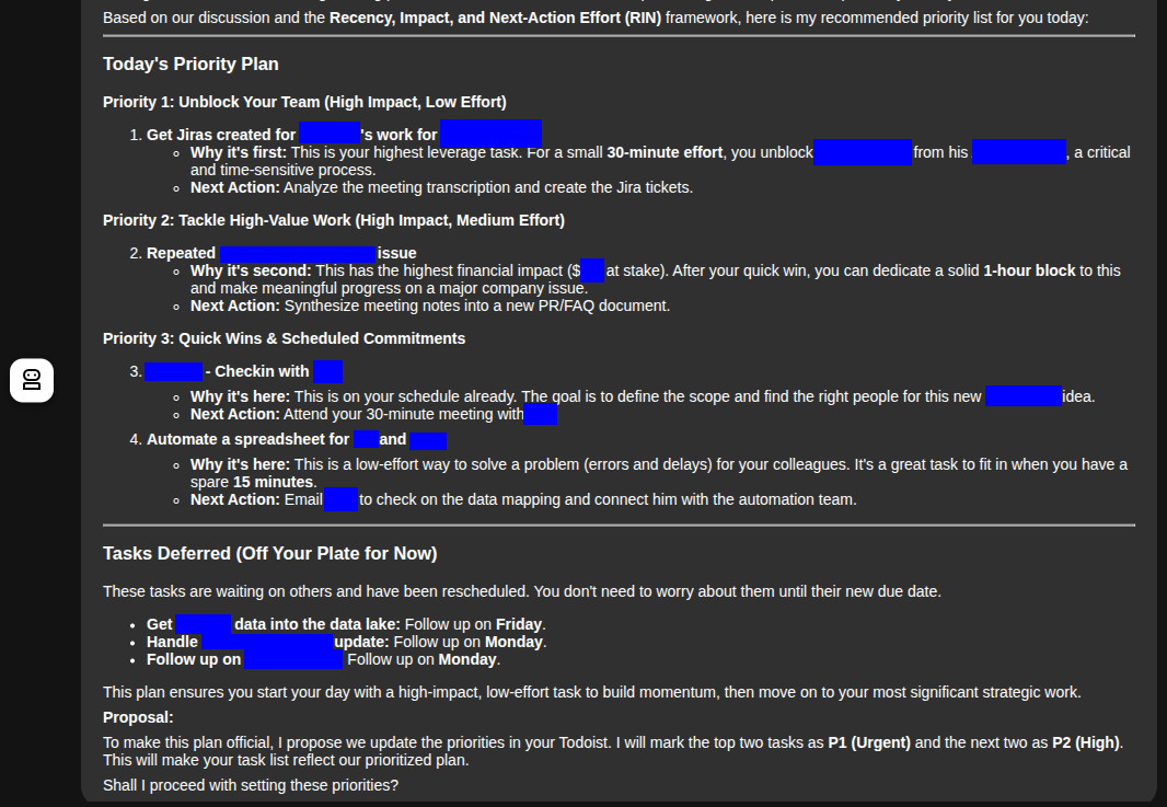The agent presenting a prioritized daily plan, grouping tasks by impact and effort