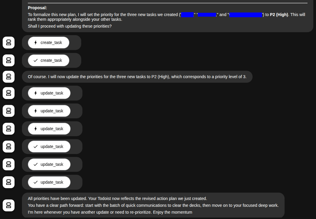 The agent updating Todoist tasks and confirming the new priorities